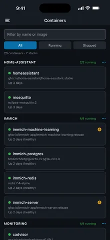 Containers grouped by stack, with image update badges