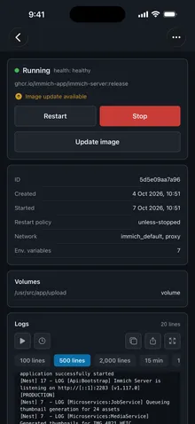 Container detail, actions and live logs