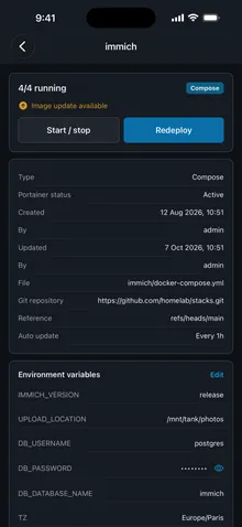 Stack detail with Git deployment and environment variables
